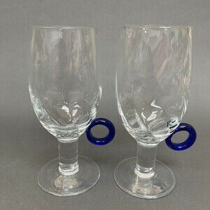 Clear Glass Cobalt Blue Ring Stemmed Glasses 6 3/8" Lot of 2